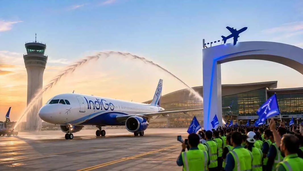 An IndiGo aircraft at the inaugural commercial flight at Noida International Airport Jewar on June 15 2026