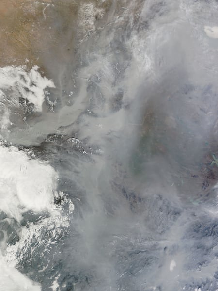 NASA Terra MODIS satellite image of dense smog over the North China Plain February 2011