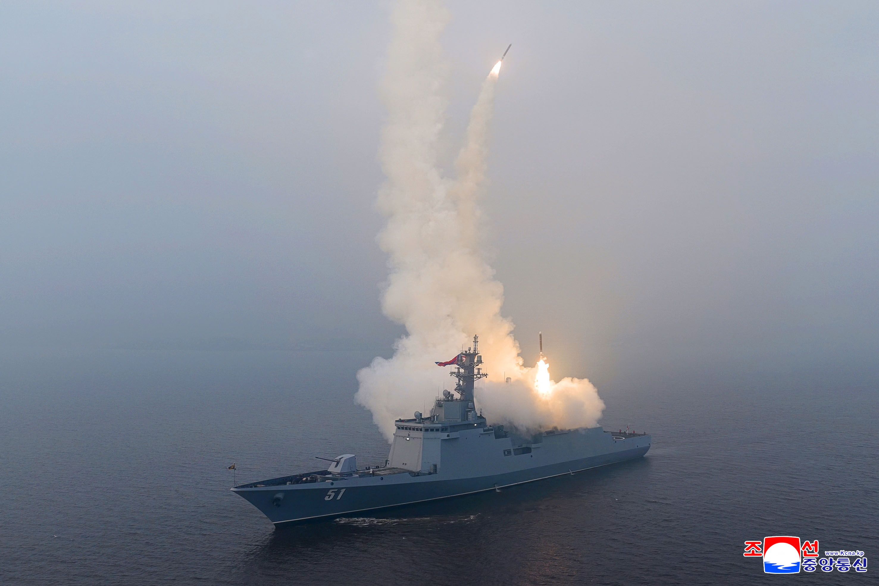 A cruise missile is launched from North Korea's destroyer Choe Hyon during weapons tests supervised by Kim Jong Un, March 2026
