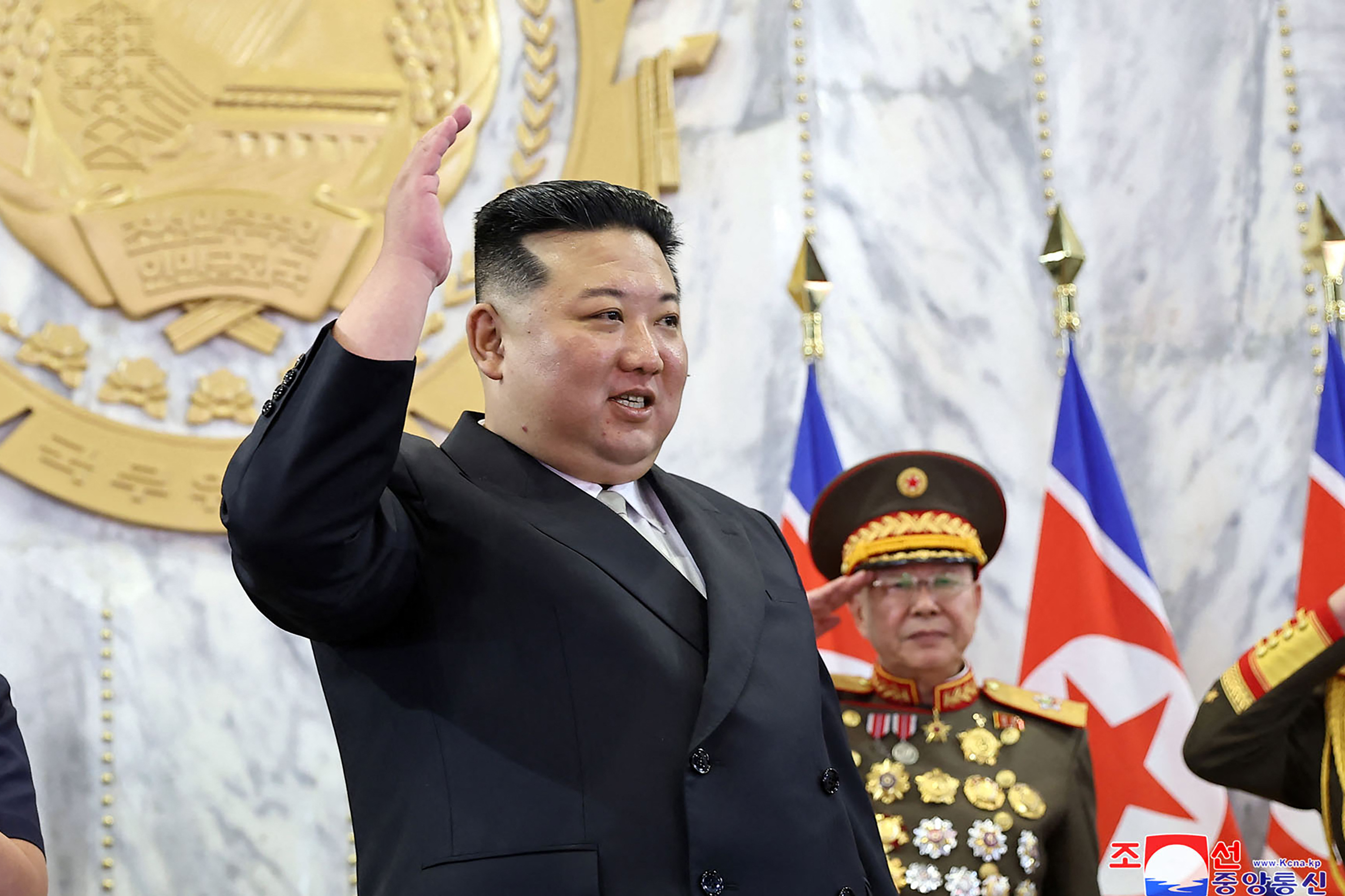 North Korean paramilitary forces march during a military parade at Kim Il Sung Square in Pyongyang
