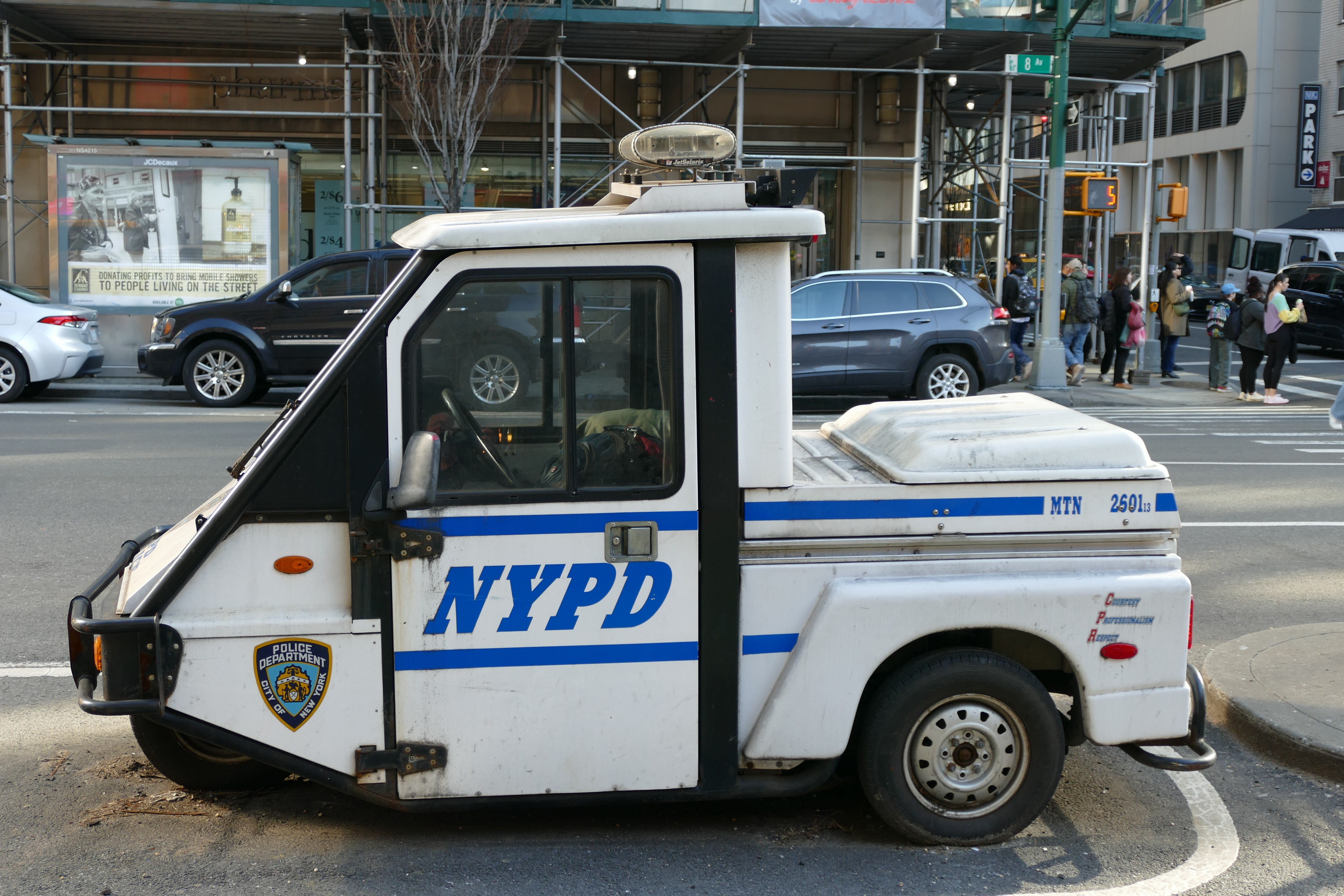 An NYPD vehicle in Manhattan; five officers were injured dispersing the crowd after the Knicks watch party