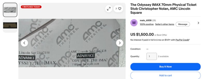 eBay listing for two AMC IMAX 70mm tickets to The Odyssey priced at $1,500