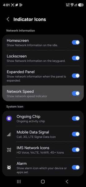 One UI 9 QuickStar module showing the new network speed meter toggle inside Indicator Icons settings on a Samsung Galaxy phone
