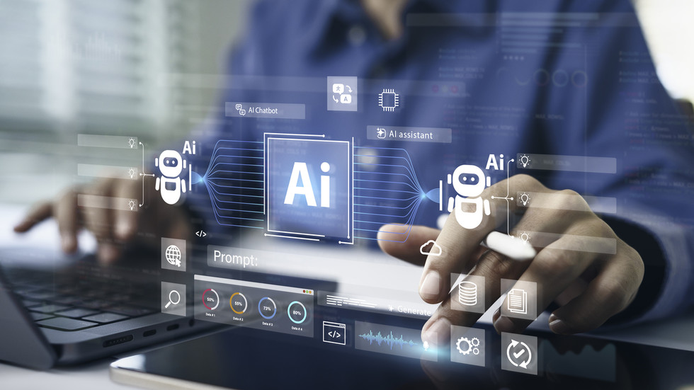 Illustration of artificial intelligence tools and chatbot icons above a person working on a laptop