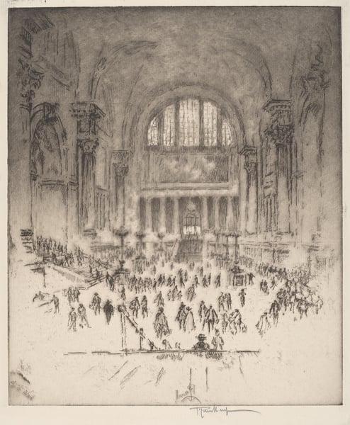 Joseph Pennell's 1919 lithograph of the Marble Hall in the original Pennsylvania Station, demolished in 1963