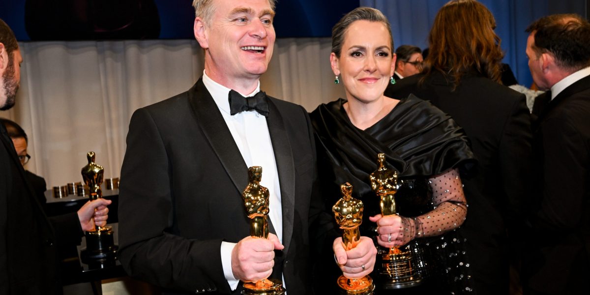 Christopher Nolan and Emma Thomas at the 96th Oscars Governors Ball after Oppenheimer wins Best Picture