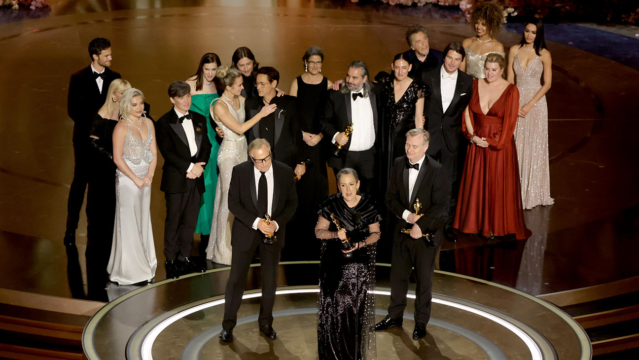 Cast and crew of Oscar Best Picture winners on stage at the 96th Academy Awards ceremony at the Dolby Theatre Hollywood