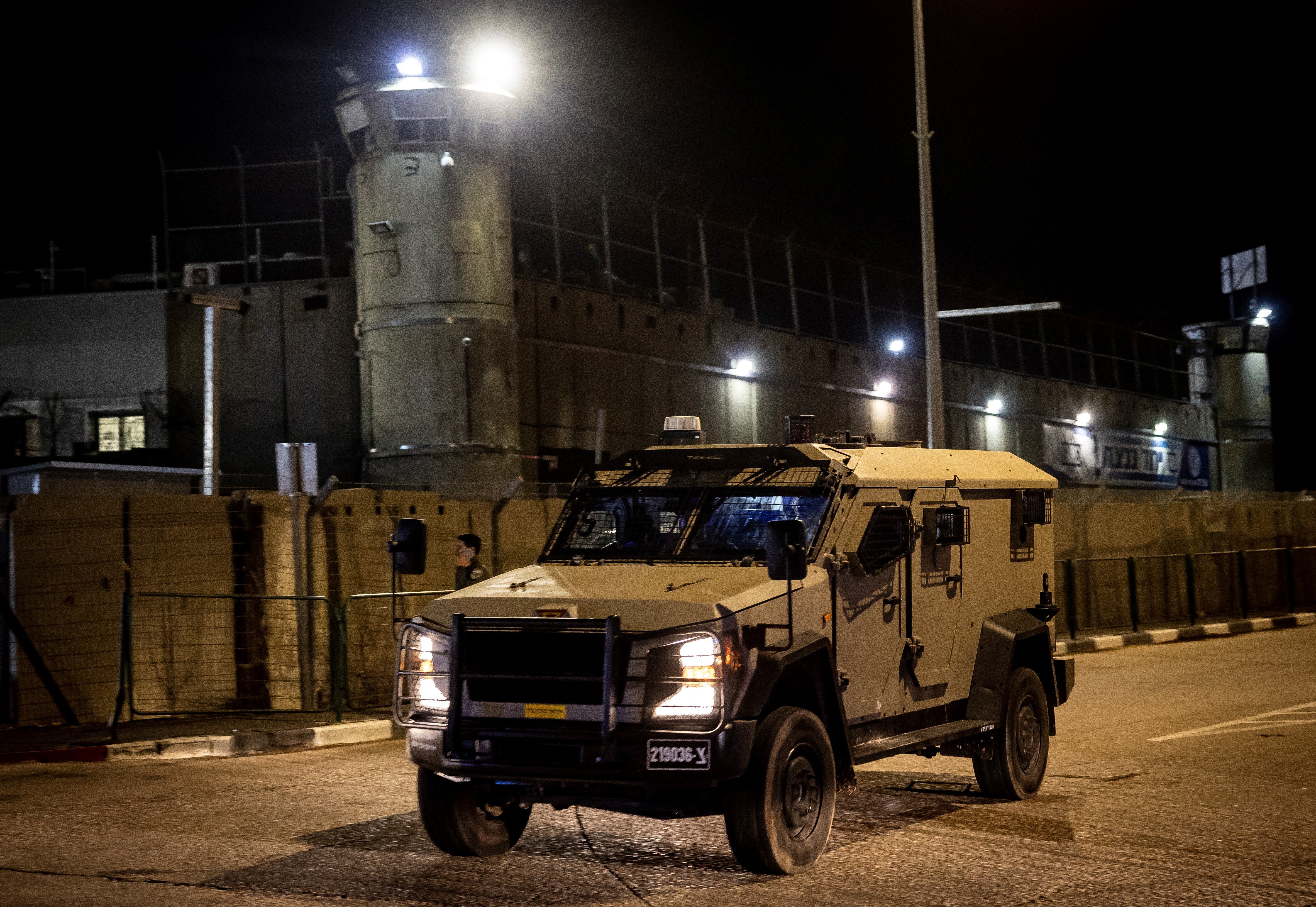 Israeli military vehicle outside Ofer military prison in the occupied West Bank