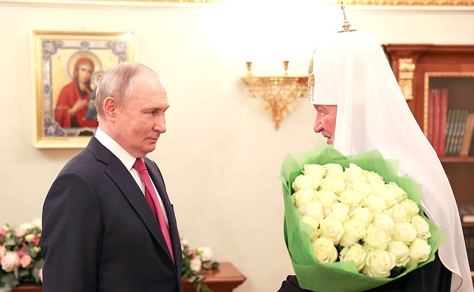 Patriarch Kirill of Moscow and All Russia meets President Putin at the Kremlin in February 2024