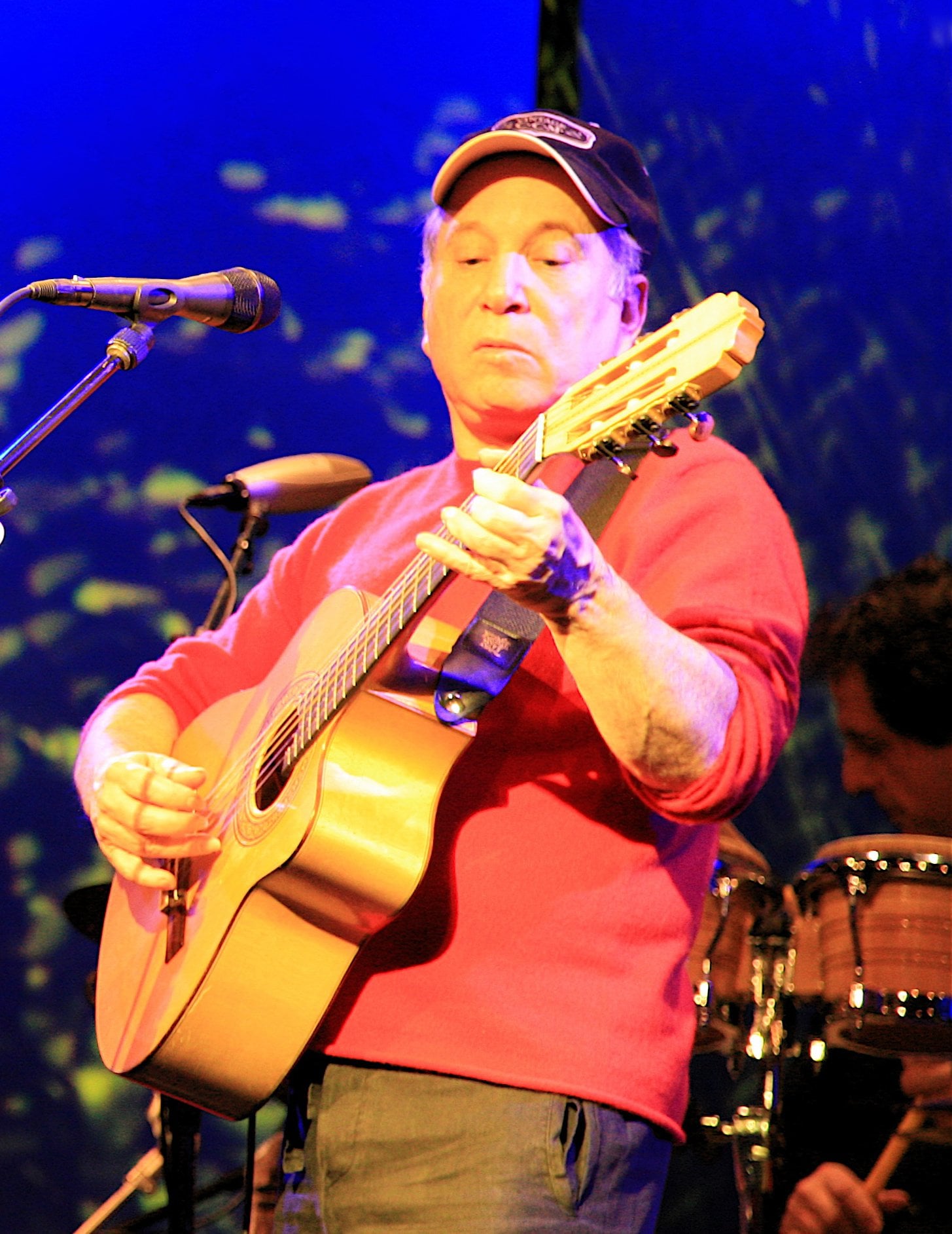 Paul Simon performing on stage with acoustic guitar at a live concert