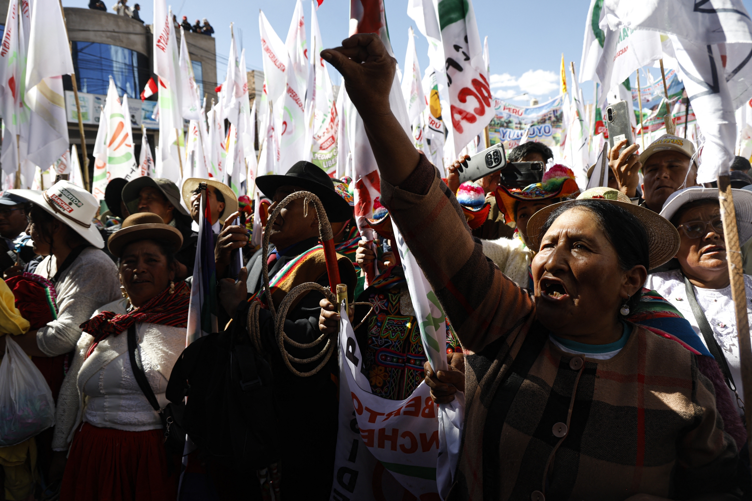 Roberto Sanchez supporters at campaign rally in Juliaca Peru ahead of presidential runoff June 2026