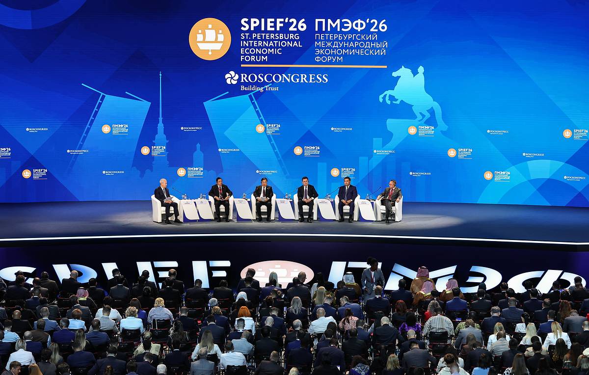 Kremlin spokesman Dmitry Peskov speaks to reporters at the St. Petersburg International Economic Forum SPIEF 2026