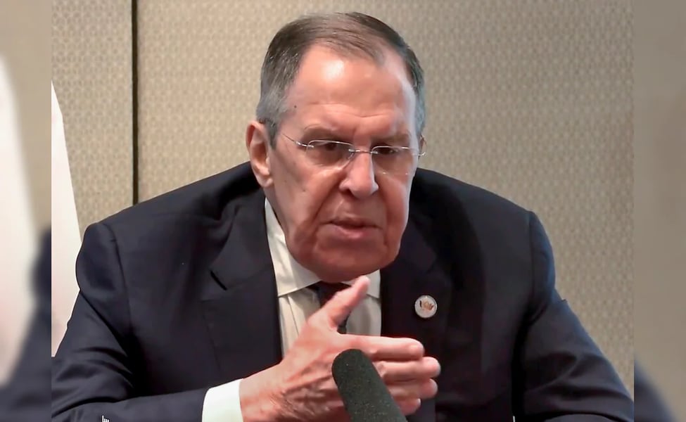 Russian Foreign Minister Sergey Lavrov during a press conference amid controversy over Politico Europe's refusal to publish his article