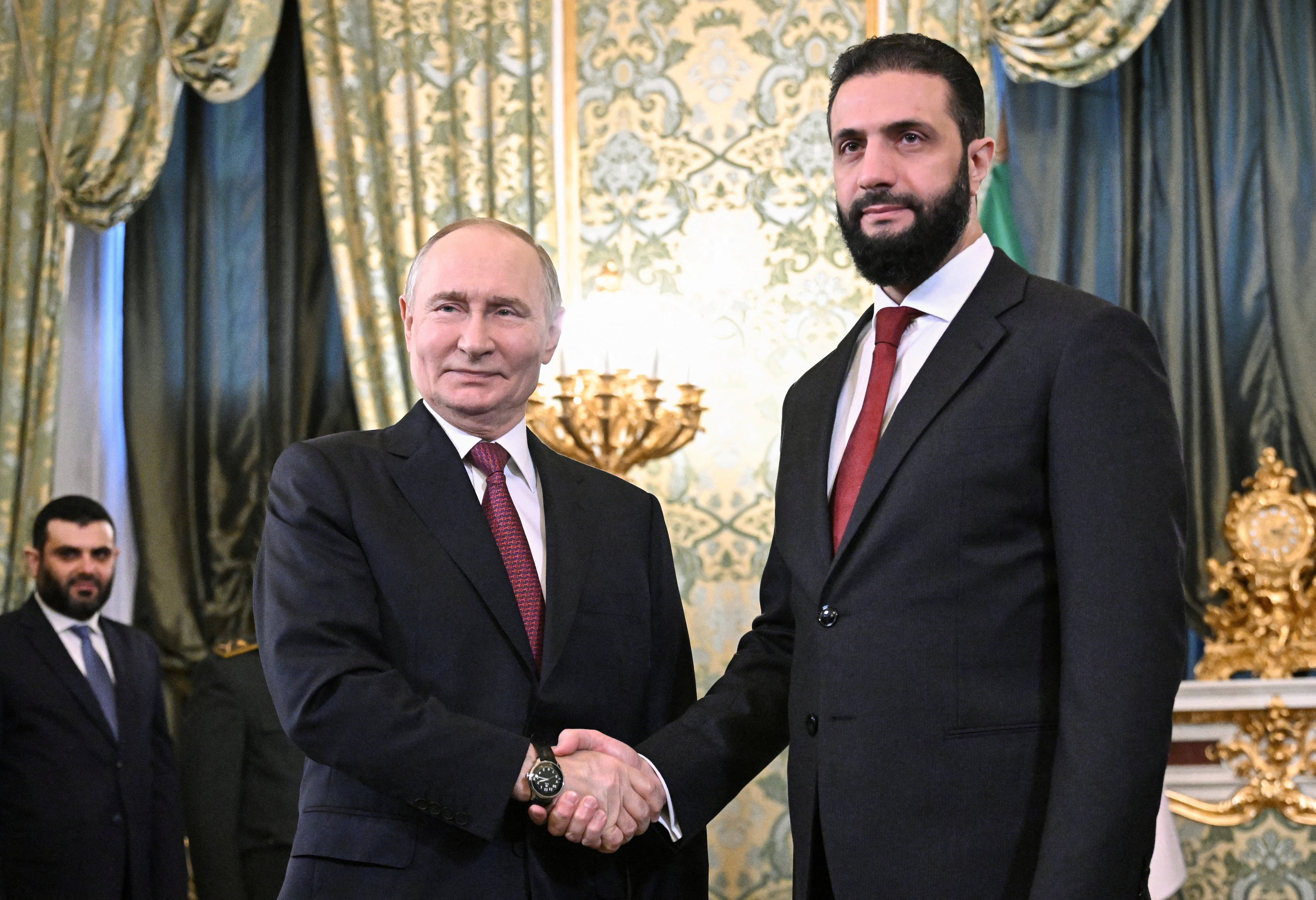 Syrian President Ahmed al-Sharaa and Russian President Vladimir Putin at the Kremlin in Moscow, October 2025