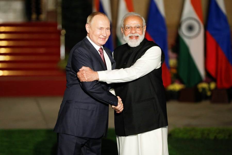 Russian President Vladimir Putin with Indian Prime Minister Narendra Modi during a meeting in New Delhi