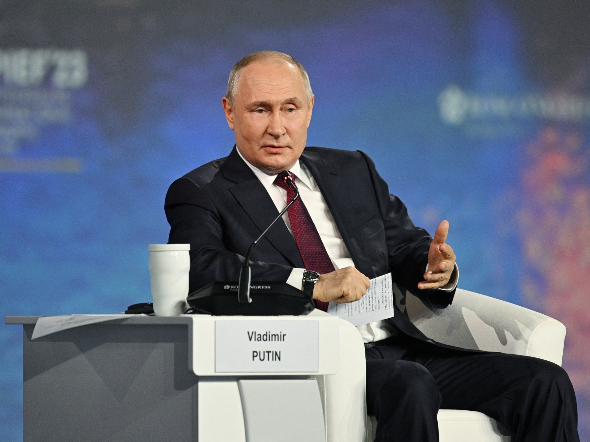 Russian President Vladimir Putin speaks during the St. Petersburg International Economic Forum plenary session