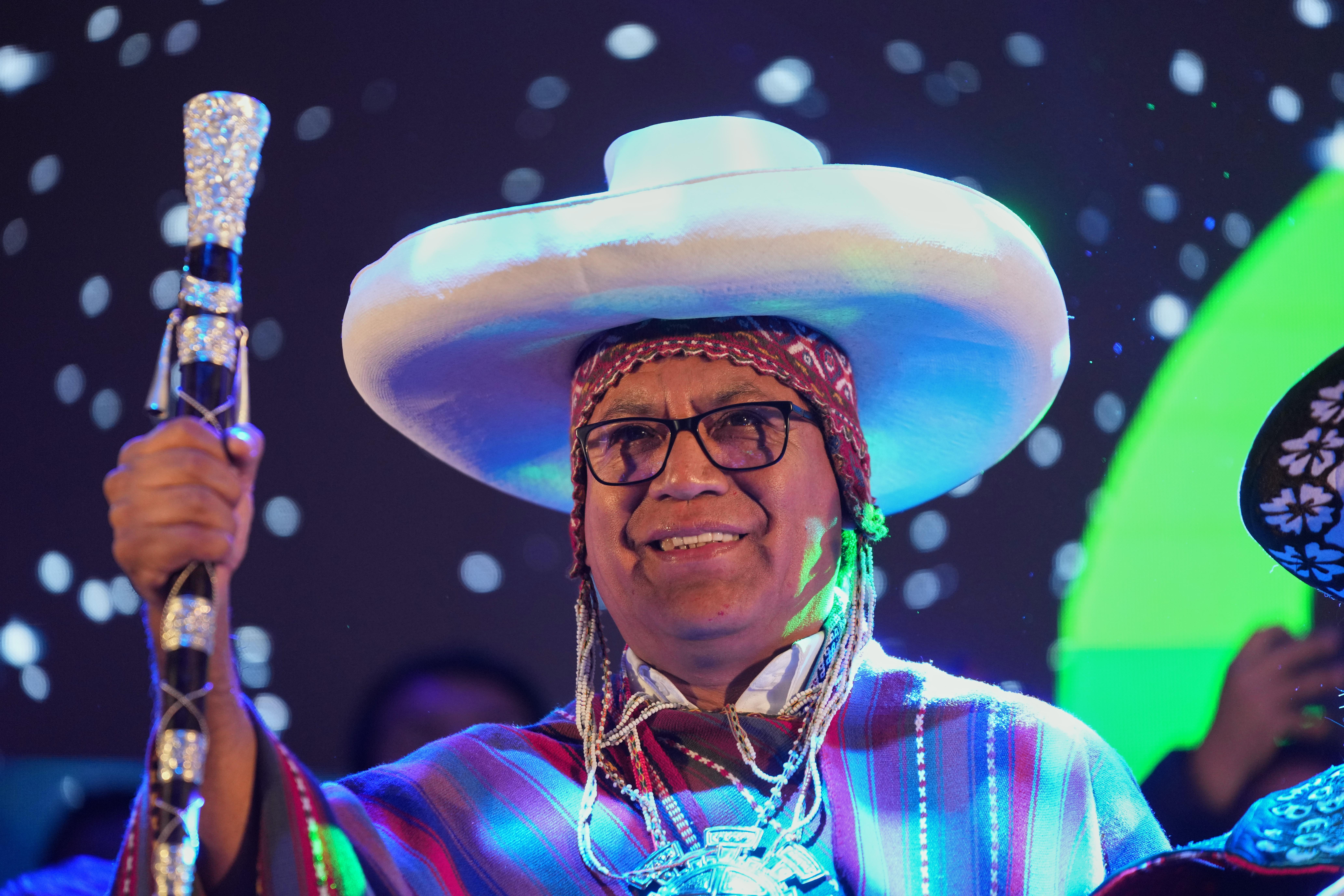 Roberto Sanchez presidential candidate addresses supporters at rally in Cusco Peru June 2026