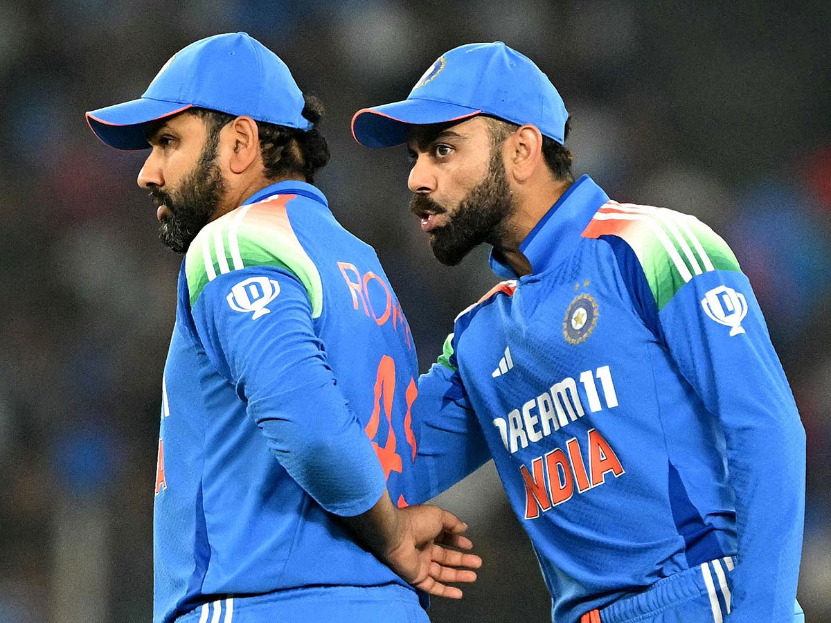 Rohit Sharma and Virat Kohli walk out for India in an ODI, both central to the 2027 World Cup debate