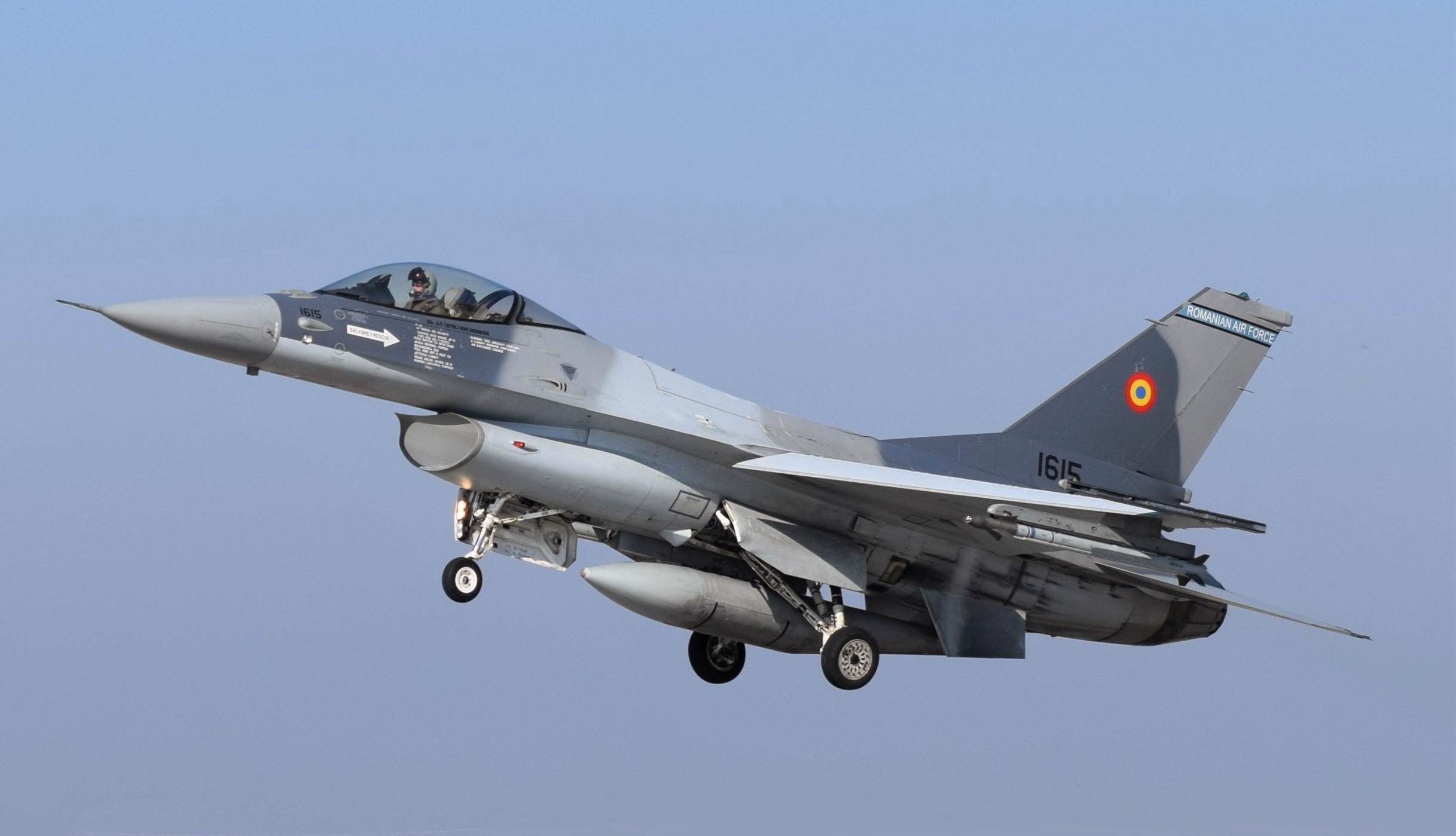 Romanian F-16 fighter jet used by NATO Baltic Air Policing mission that shot down a Ukrainian drone over Estonia