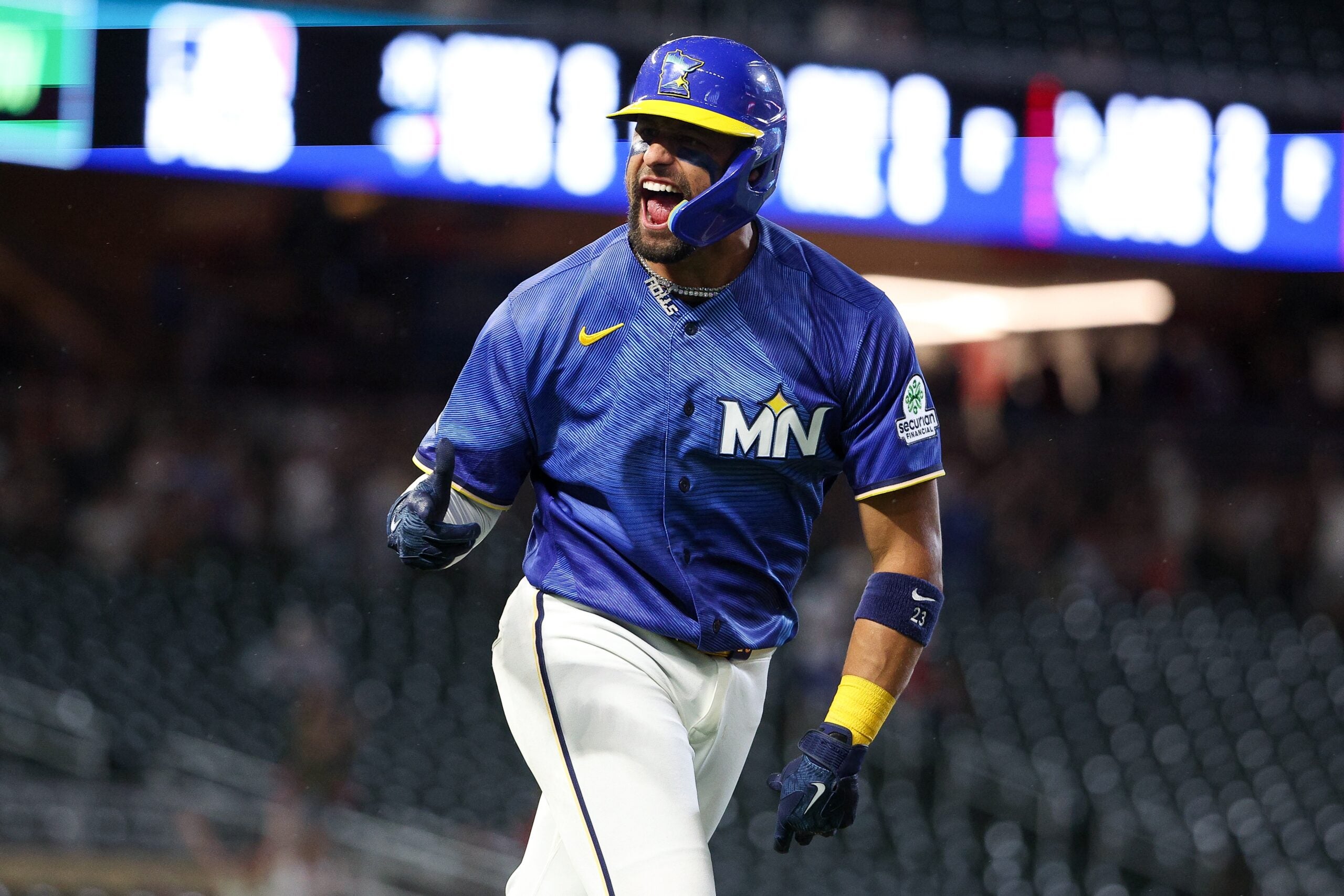 Royce Lewis of the Minnesota Twins celebrates his solo home run off Cardinals reliever Ryne Stanek in the eighth inning at Target Field, June 12 2026