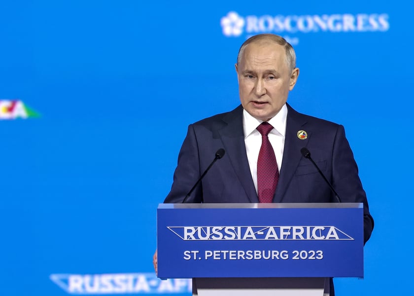Vladimir Putin addresses African leaders at the 2023 Russia-Africa Summit plenary session in St. Petersburg
