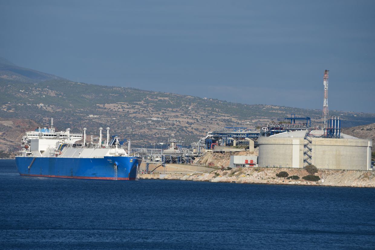 An LNG tanker vessel used to transport Russian liquefied natural gas, subject to EU sanctions banning the sale of LNG tankers to Russia