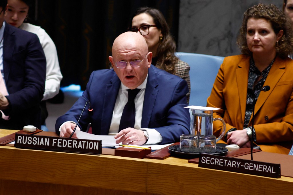 Russian UN Ambassador Vasily Nebenzya speaks at the UN Security Council amid repeated visa disputes between Washington and Moscow