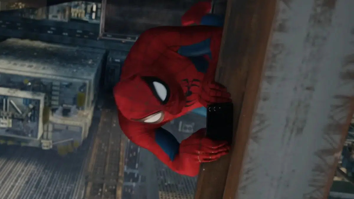 Spider-Man holding a Samsung Galaxy Z Flip in Spider-Man Brand New Day partnership campaign