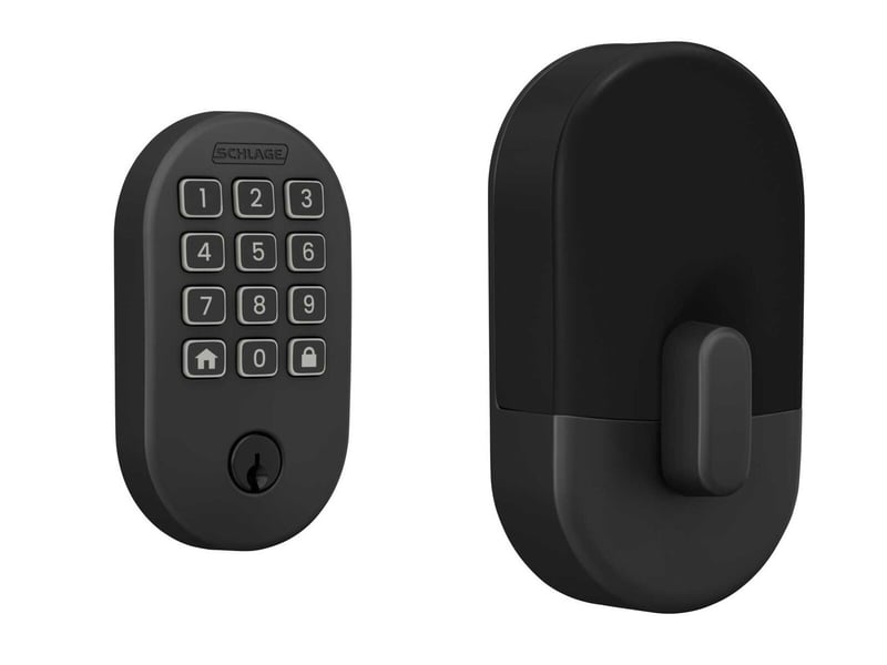 Schlage Sense Pro Smart Lock Installation Close-Up Schlage Sense Pro smart deadbolt installed on modern home door