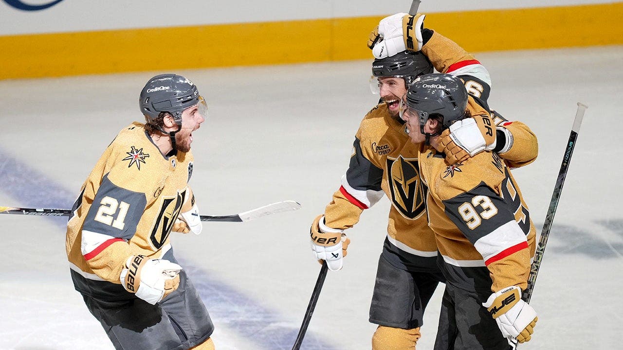 Shea Theodore celebrates his double overtime winner for the Vegas Golden Knights in Game 3 of the Stanley Cup Final