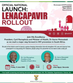 President Cyril Ramaphosa and Health Minister Aaron Motsoaledi at the lenacapavir HIV prevention launch in Secunda, Mpumalanga, June 2026