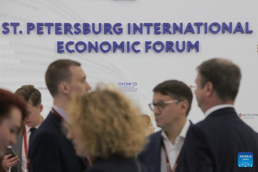 Visitors at the St. Petersburg International Economic Forum exhibition hall Russia