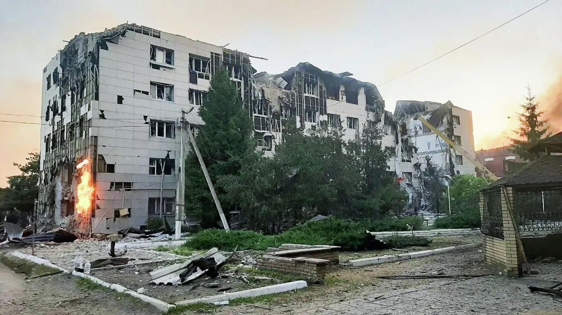 Destruction at the Starobelsk college following drone attack in Lugansk People's Republic May 2026