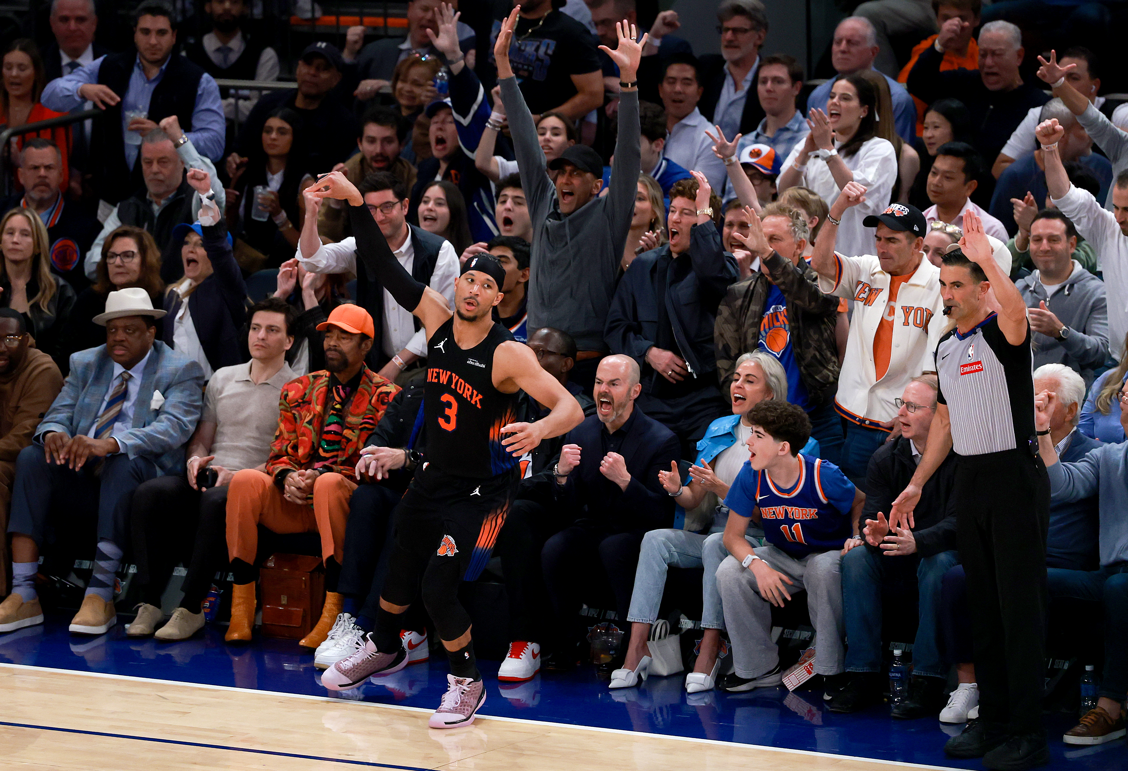Stephon Castle of the San Antonio Spurs celebrates his three-pointer in Game 3 of the 2026 NBA Finals at Madison Square Garden
