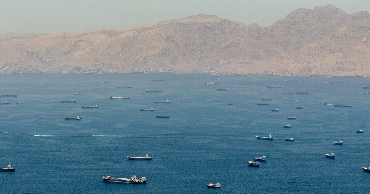 Dozens of tankers anchored in the Strait of Hormuz near Musandam, Oman during the 2026 Iran war
