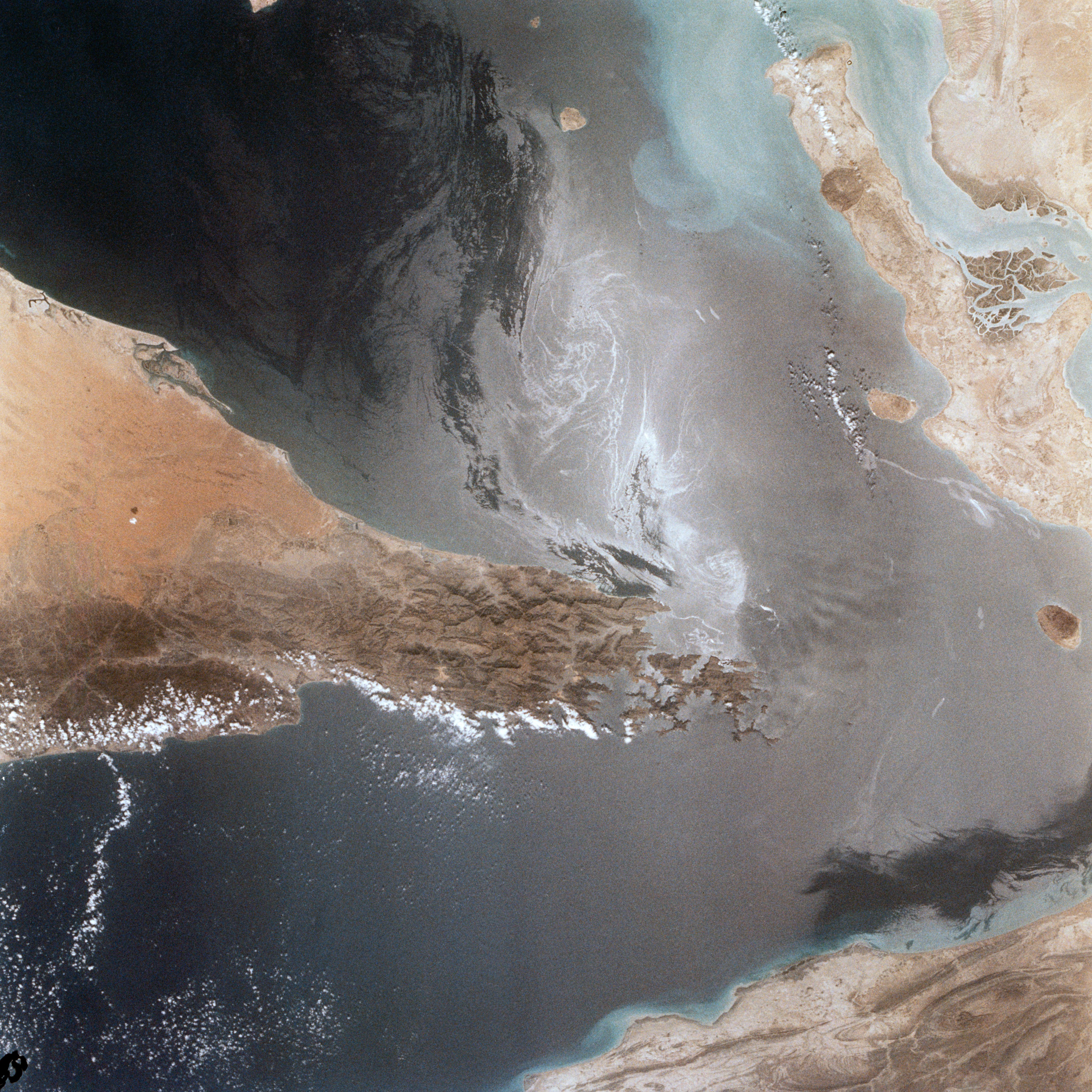 Satellite view of the Strait of Hormuz between Iran and Oman