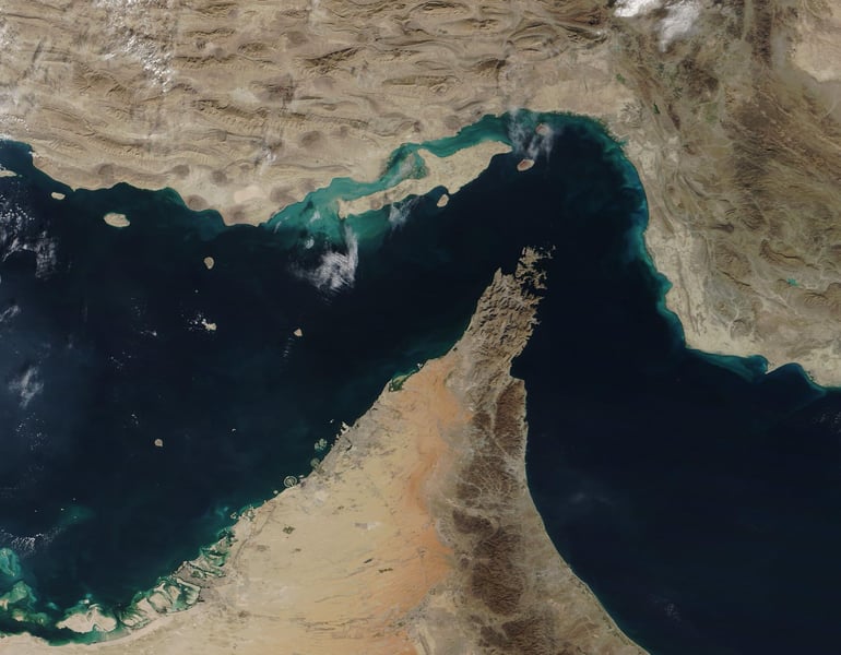 NASA satellite image of the Strait of Hormuz, where the US naval blockade of Iranian oil has led to strikes on tankers with Indian crews