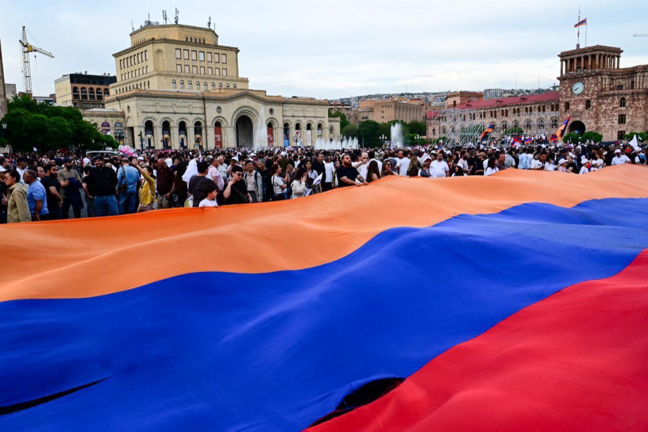 Supporters of Strong Armenia party at campaign rally Yerevan ahead of parliamentary election June 2026
