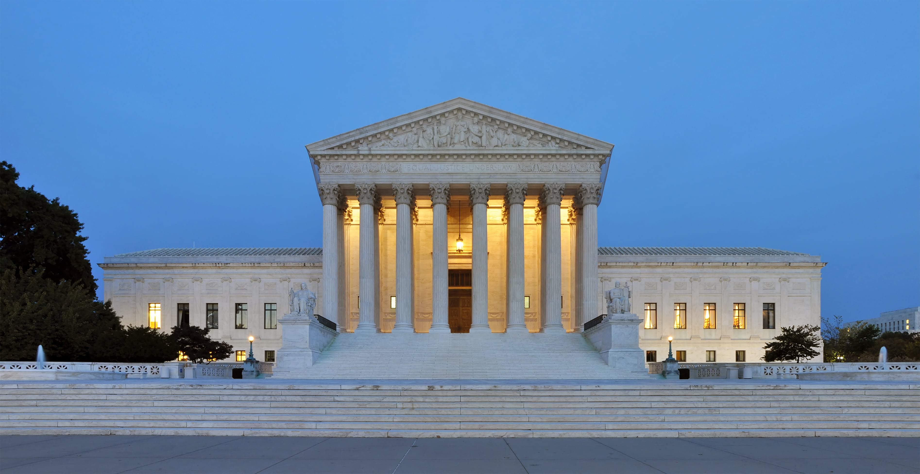 Panoramic view of the United States Supreme Court building at dusk, Washington DC