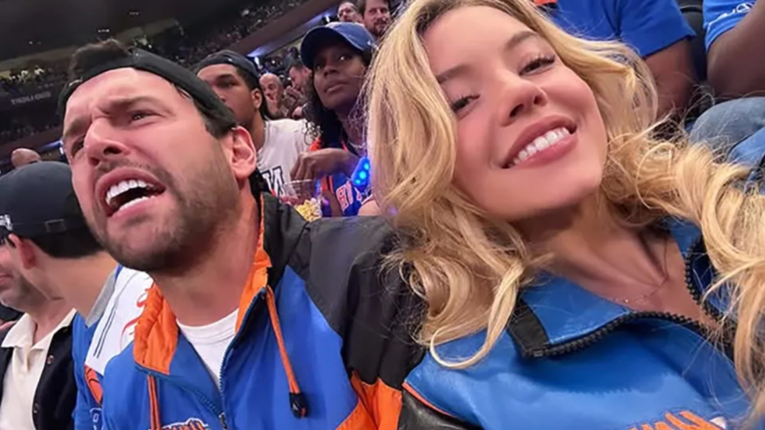 Sydney Sweeney at the Knicks game at Madison Square Garden wearing basketball-charm heels alongside Scooter Braun