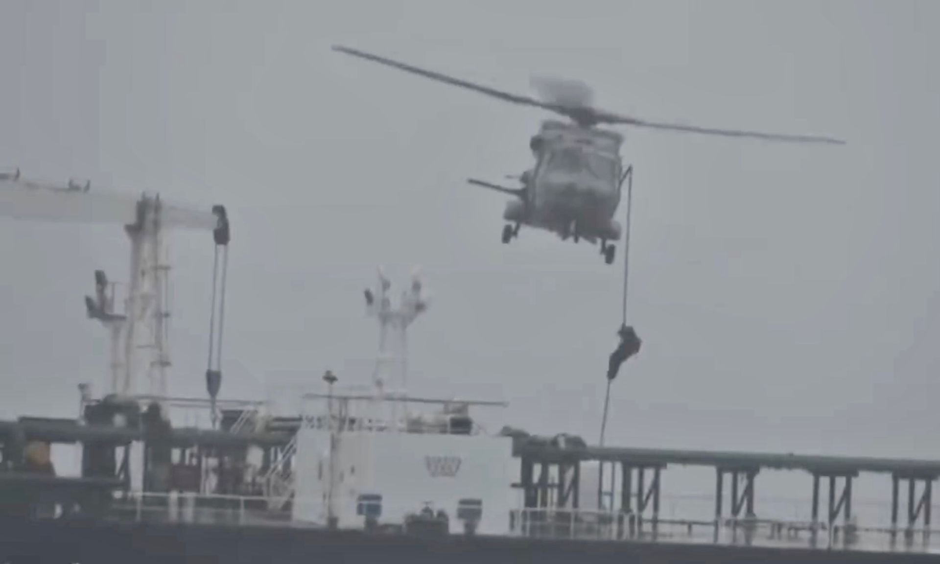 Russian shadow fleet tanker Tagor at sea viewed from French Navy helicopter after seizure