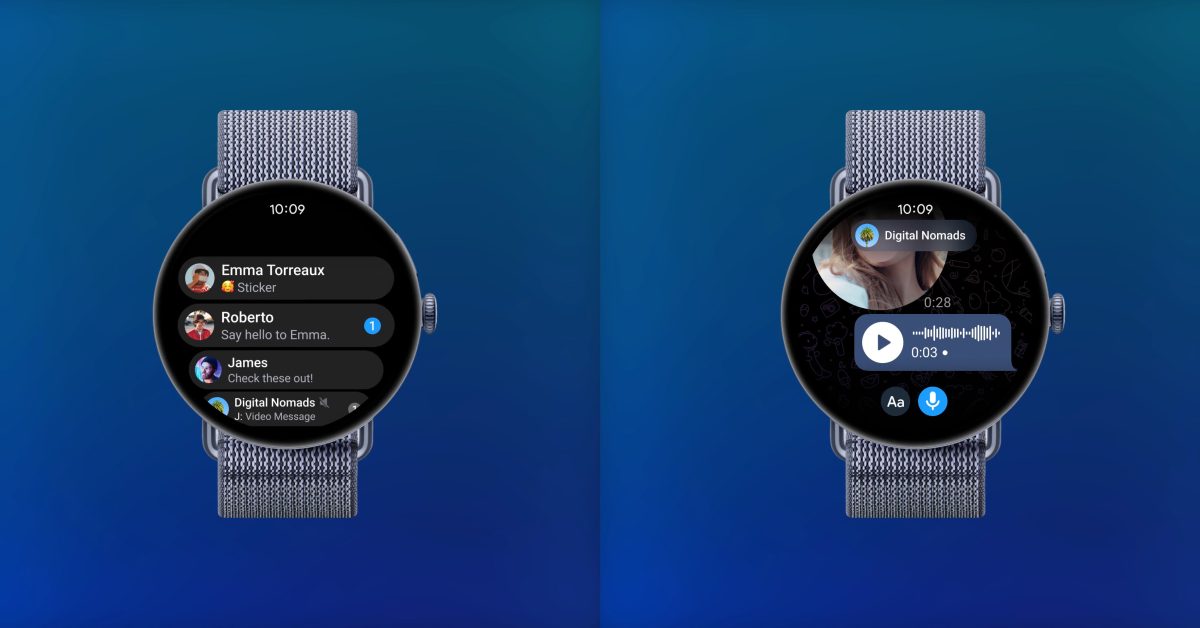 Telegram Wear OS app interface shown on a smartwatch screen for Galaxy Watch and Pixel Watch