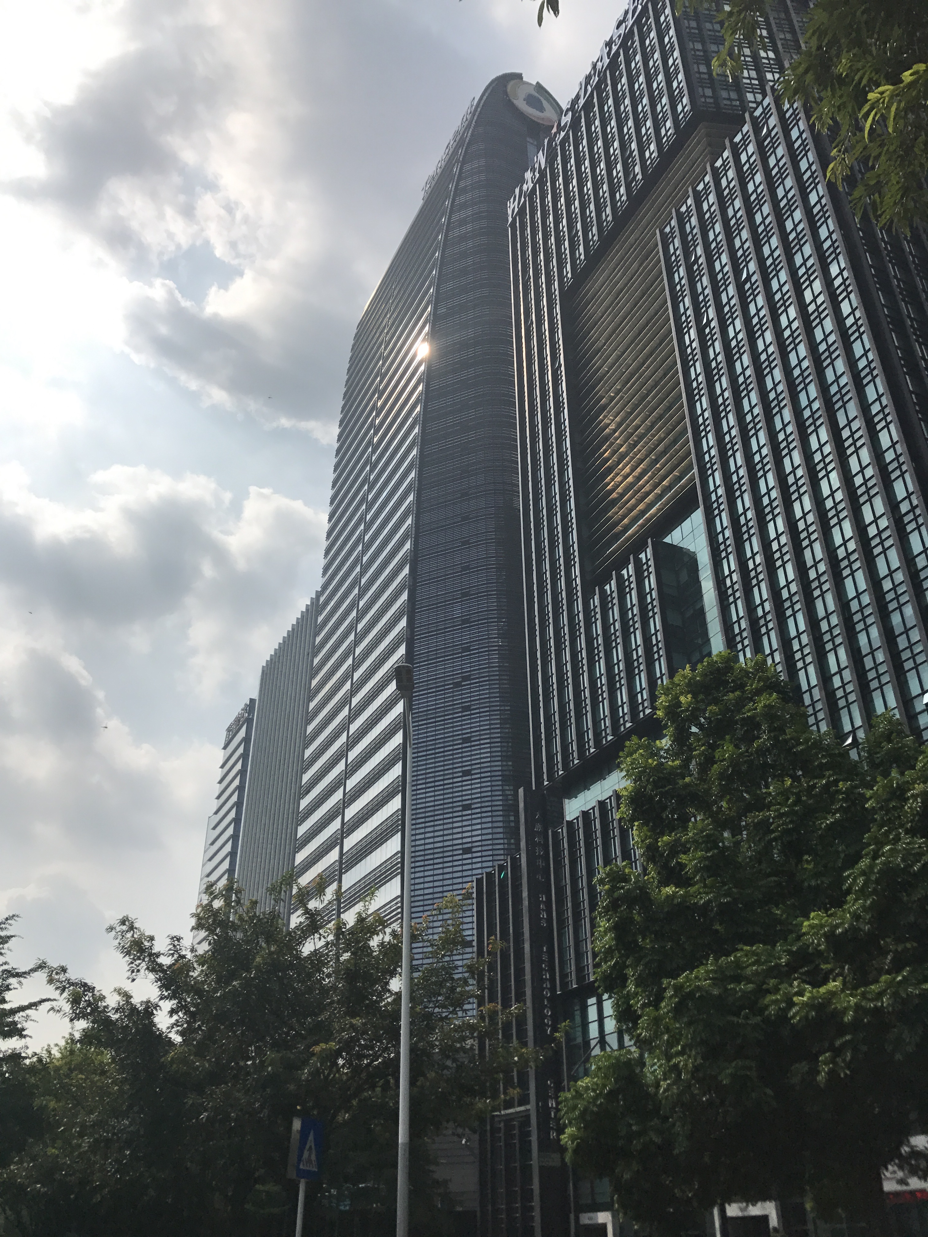 Looking up at Tencent's Seafront Towers headquarters skyscrapers in Shenzhen