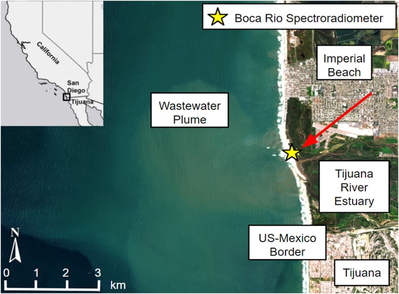 NASA JPL satellite image of the Tijuana River wastewater plume entering the Pacific Ocean off San Diego