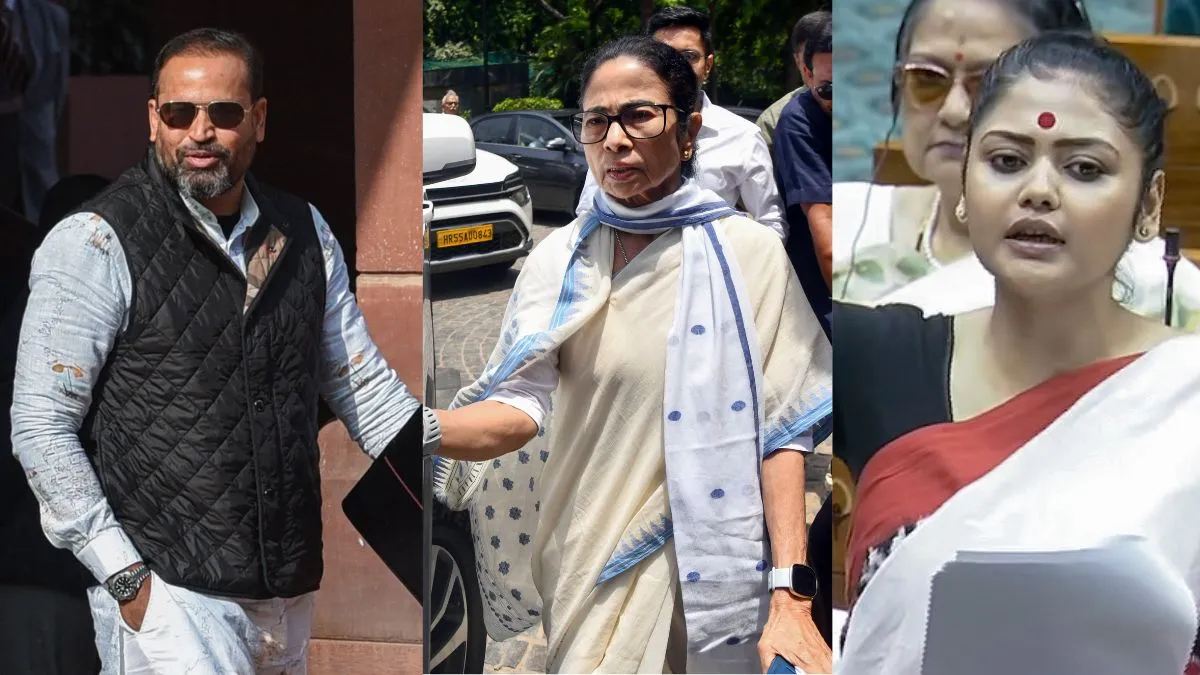TMC rebel MPs Yusuf Pathan and Saayoni Ghosh with party leader Mamata Banerjee at a campaign rally