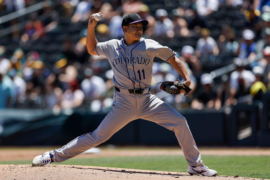 Tomoyuki Sugano throws during the first inning of the Rockies vs Athletics game at Las Vegas Ballpark June 14 2026