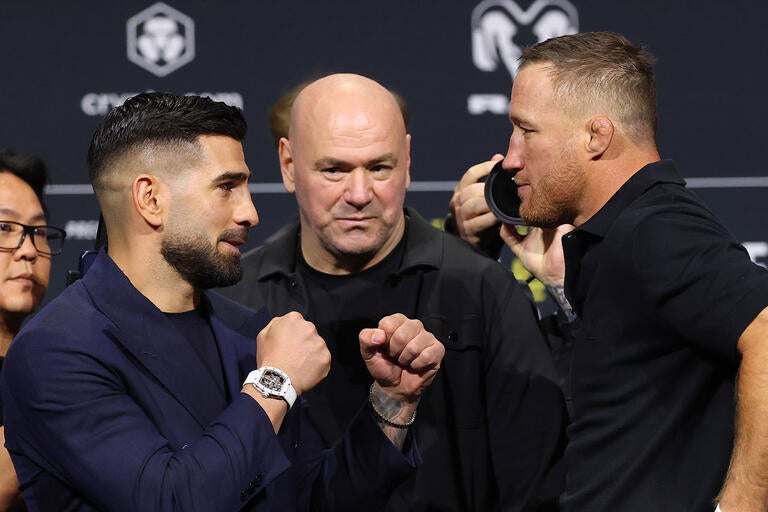 Justin Gaethje and Ilia Topuria at the UFC Freedom 250 face-off before the White House lightweight title bout