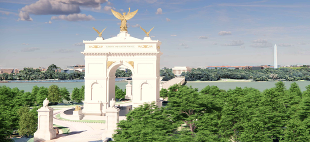 Rendering showing the proposed 250-foot Independence Arch between the Lincoln Memorial and Arlington House at Arlington National Cemetery Washington DC