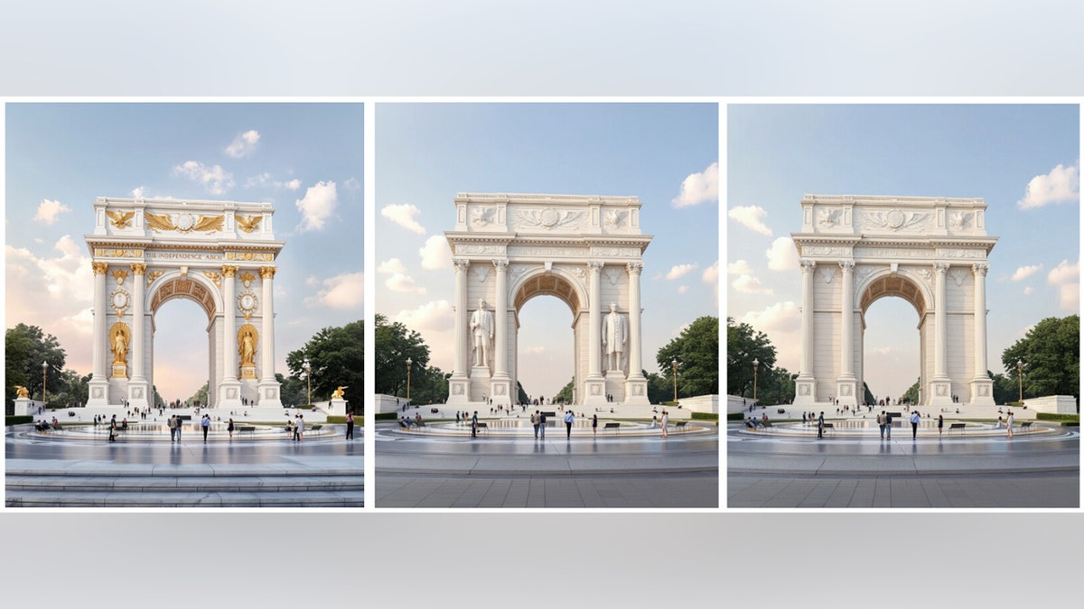 Truth Social mockup image of the proposed 250-foot Independence Arch on the Potomac across from the Lincoln Memorial Washington DC