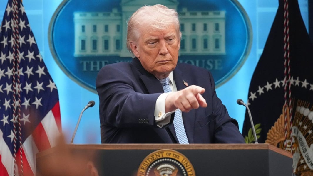 US President Donald Trump speaks with reporters in the James Brady Press Briefing Room at the White House about Iran war ceasefire negotiations and oil markets